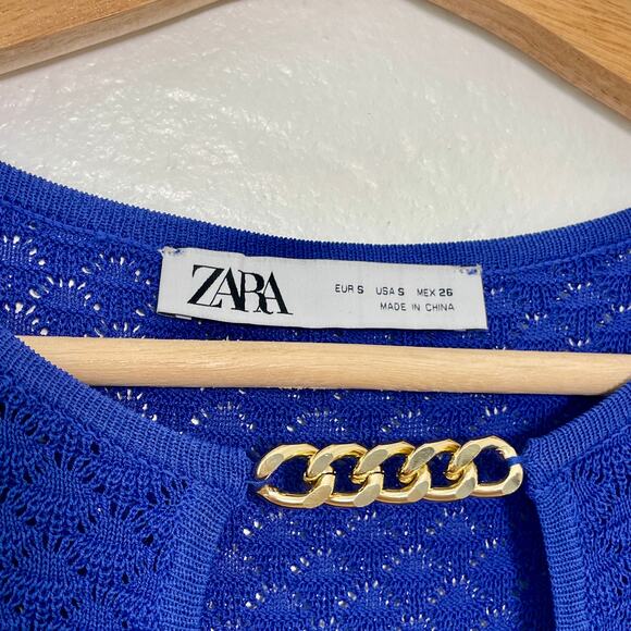 Zara – Cobalt Blue Open Crochet Knit Chain Detail Fitted Maxi Dress - Picture 8 of 8